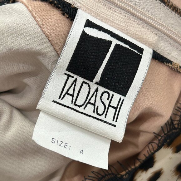 Tadashi Silk Dress Leopard Print Low V Back Ruched Waist Black Lace Lined Size 4 - Picture 6 of 7